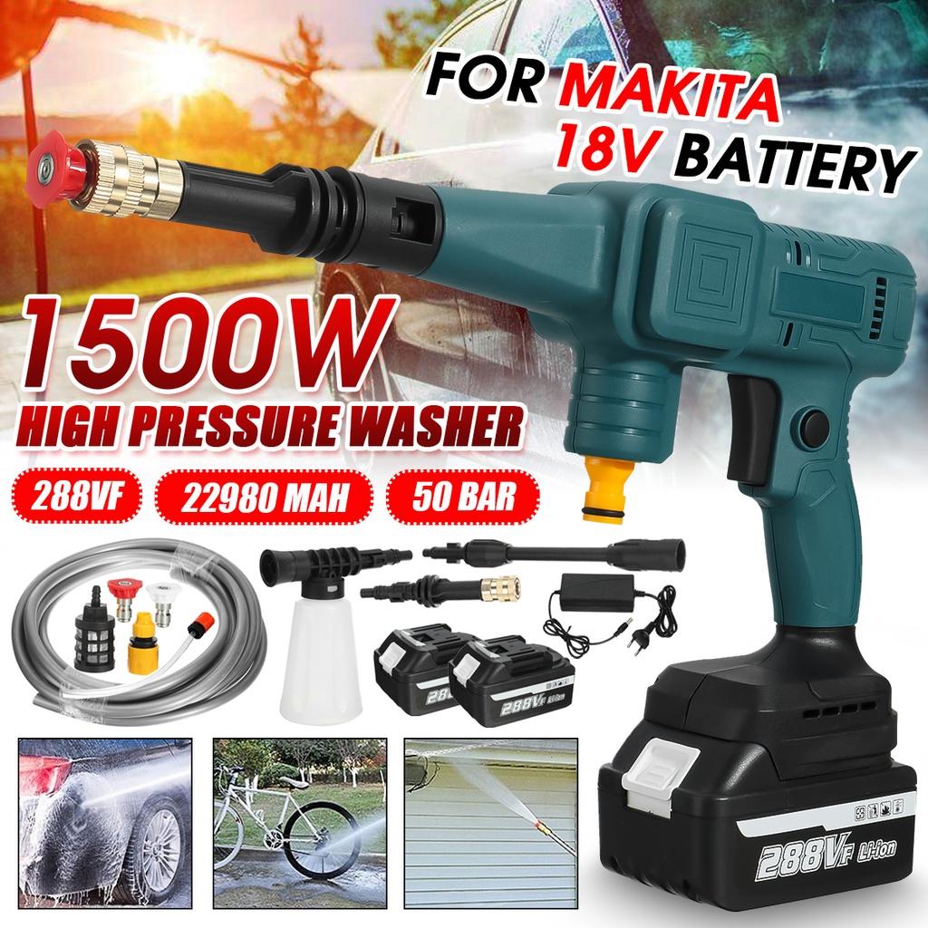 

50 бар 1500 Вт 288 ВФ Аккумуляторная мойка высокого давления Автомобильное зарядное устройство Электрический пистолет-мойка Пеногенератор для аккумулятора 18 В синий