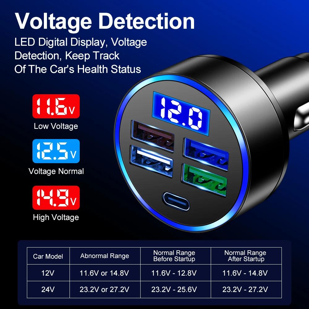 USB C Car Charger PD Type C 20W Muti 5 Ports Fast Charging 3.1A Mobile Phone Car Adapter LED Digital Display for Iphone Xiaomi