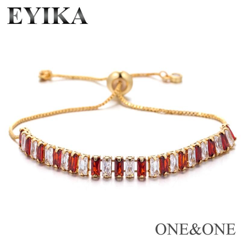 Adjustable Pull-String Zircon Bracelet Women 18K Gold Plated Copper With Multicolor Cubic Zirconia Geometric Design