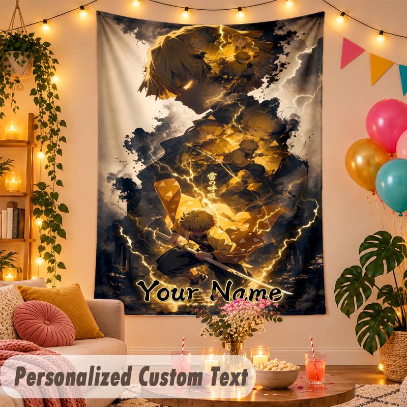 Zenitsu Agatsuma Personalized Wall Tapestry Custom Name Text Polyester Hanging Decor Home Room