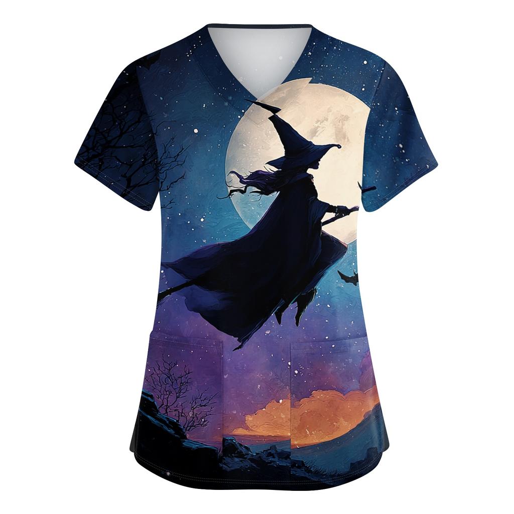 Women V Neck Short Sleeve Work Shirt Side Slit Top with Pockets Halloween Print Casual Blouse for Daily Wear