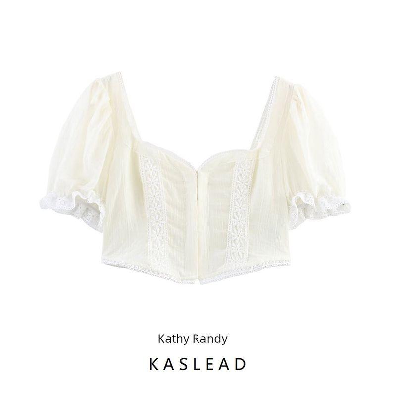 Kaslead New Women clothes Western Style Fashion Simple Sweet Style Puff sleeve Short Top