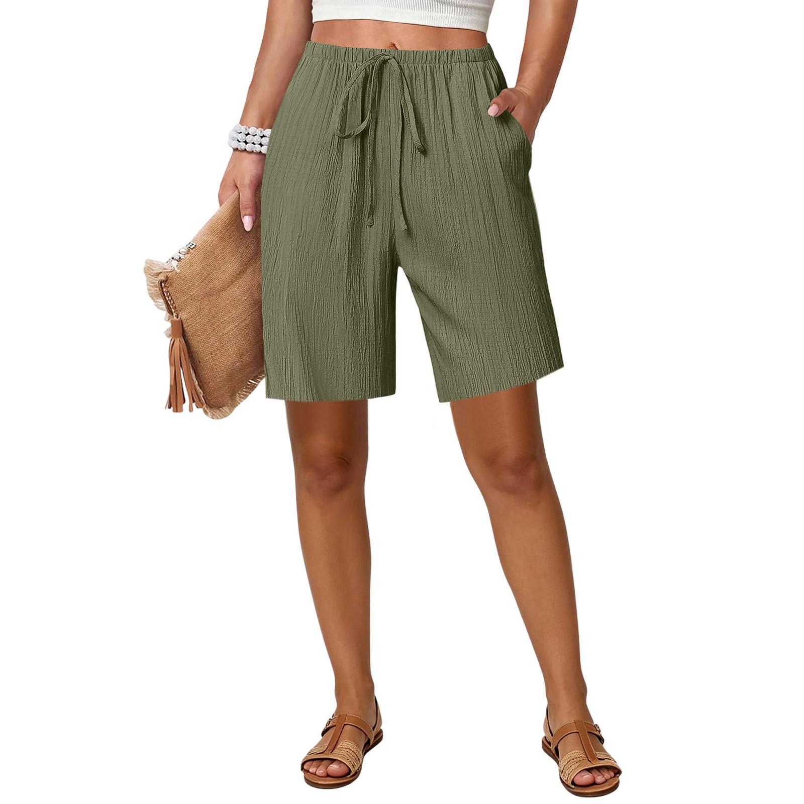 Women s Loose Straight Drawstring Pocket Casual Shorts L армия зеленый