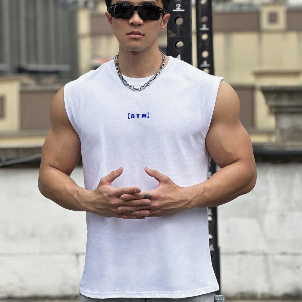 American Style Men's Summer Wide Shoulder Cotton Fitness Vest Casual Sports Running Sleeveless Top