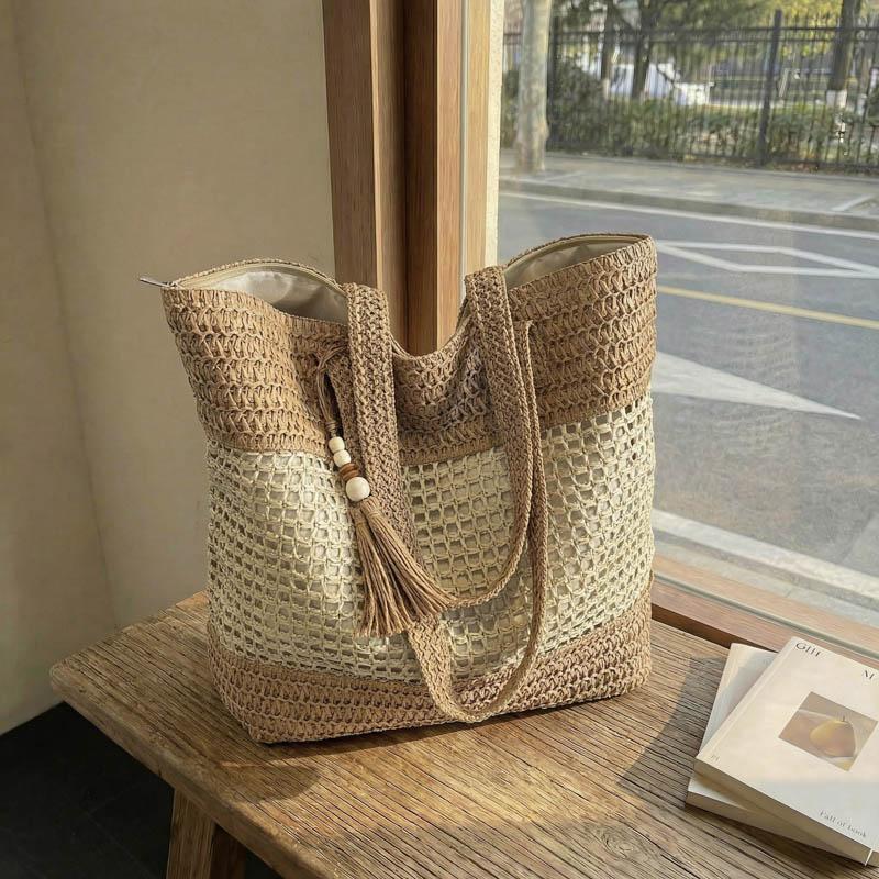 Woven Straw Tote with Tassel Accent and Spacious Interior for Summer Beach or Casual Daily Use