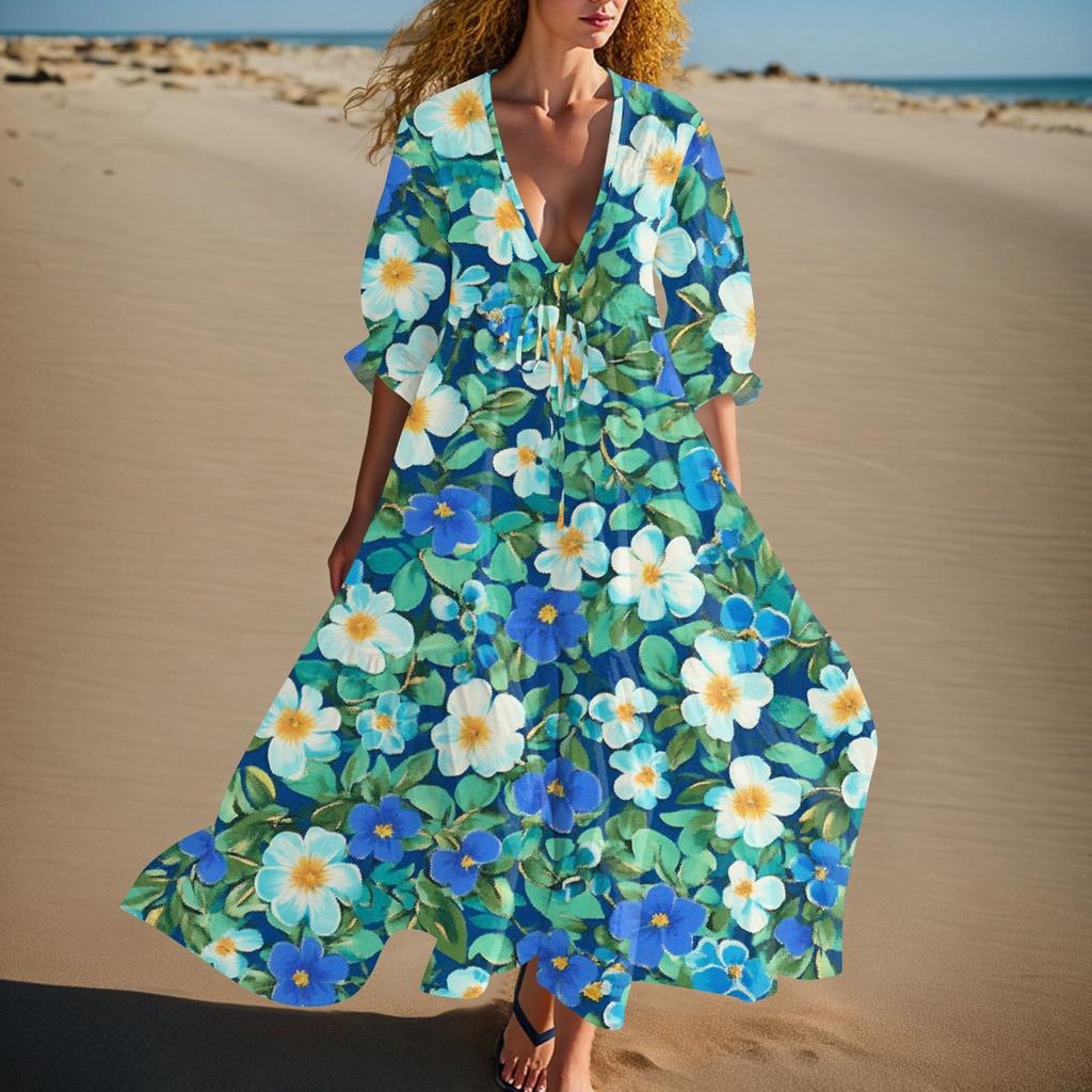 Women's Summer Fashion V-neck Retro Floral Print Short Sleeved Beach Dress With Lace Patchwork Dress