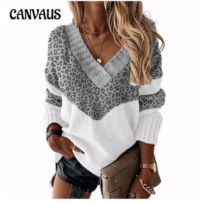 Maglione da Donna Taglia Forte Colorblock a Righe in Maglia Autunno e Inverno Stampa Leopardo Scollo a V Pullover Top