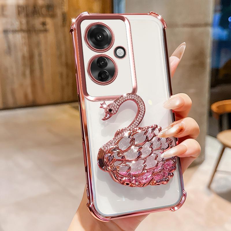 KEYSION Shockproof Plating Phone Case for OPPO Reno11 F 5G Clear TPU Glitter Jewelled Swan Kickstand Back Cover for OPPO Reno11F 5G