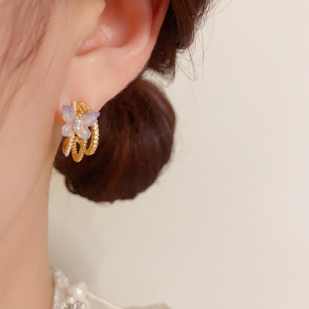 

Korean Pearl Earrings Vintage Circle Earrings Purple Butterfly Stud Earrings Wedding Party золотий
