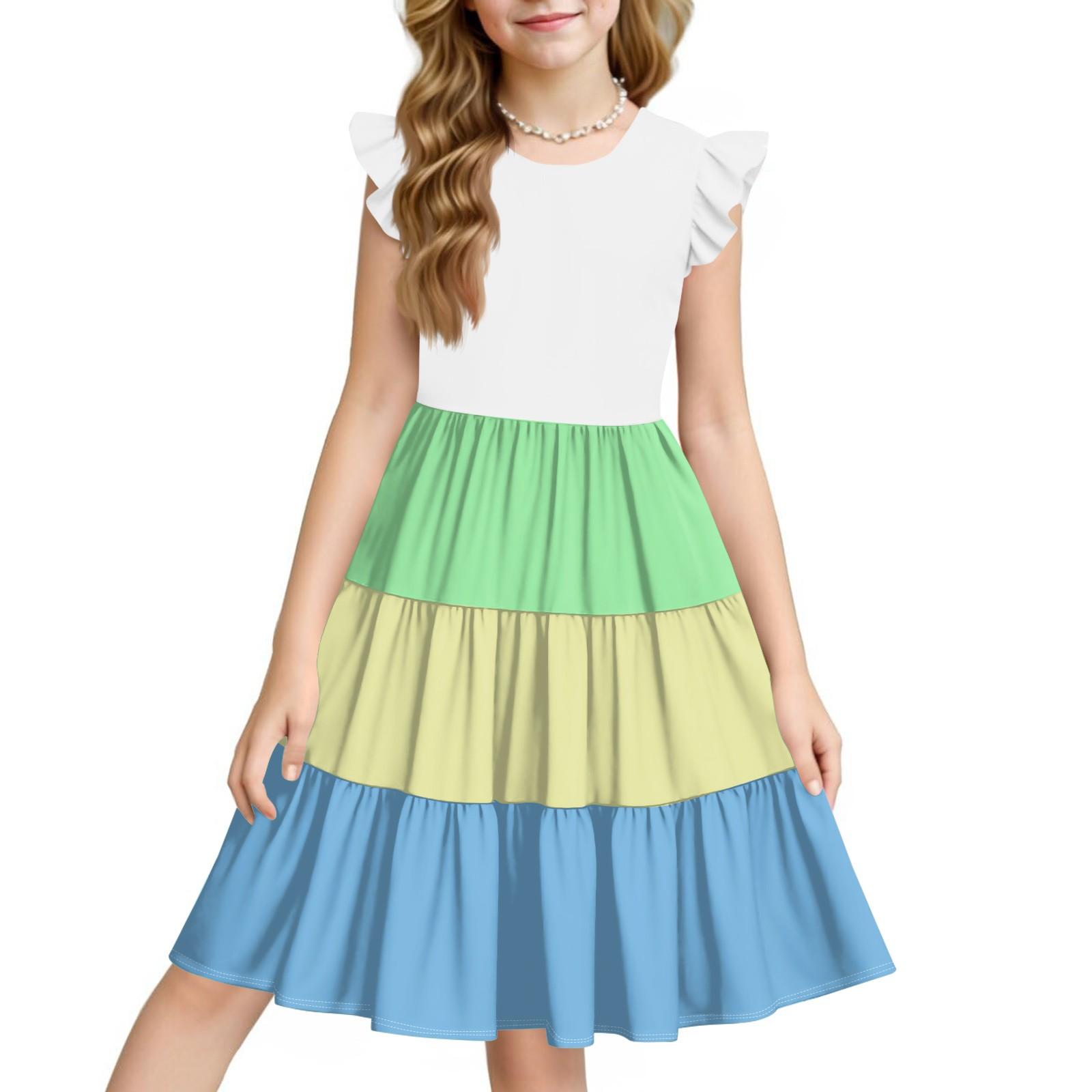 Girls Summer Color Block Dress Sleeveless Ruffle Trim Casual Sundress, Multicolor Tiered Design, Ages 4-12 160