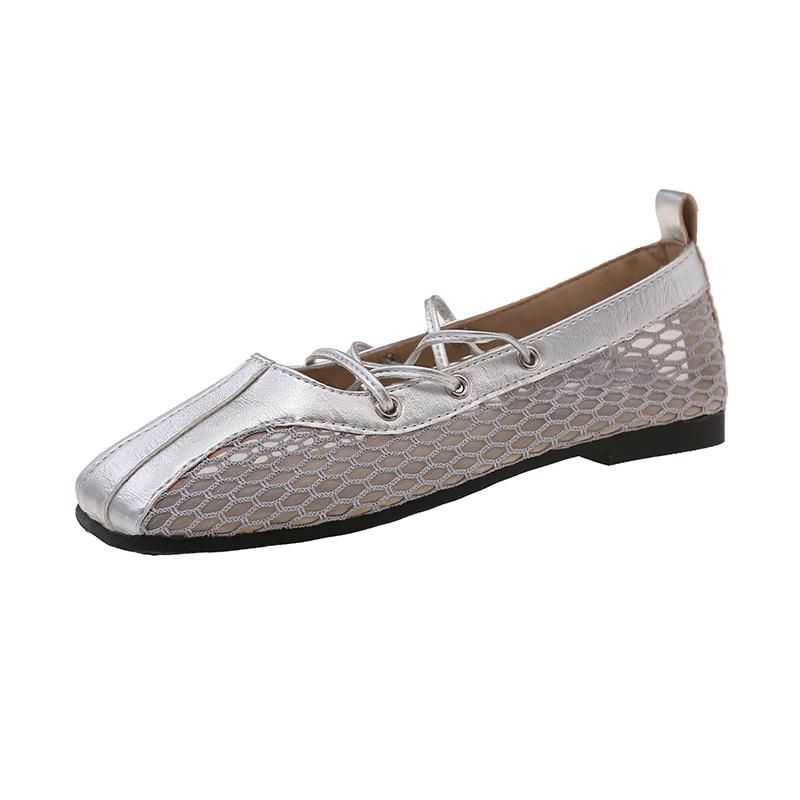 Fashion Square Toe Cross Lace-up Mary Jane Shoes Women's Spring and Autumn Explosive Shallow Mouth Soft Sole Flat Single Shoes