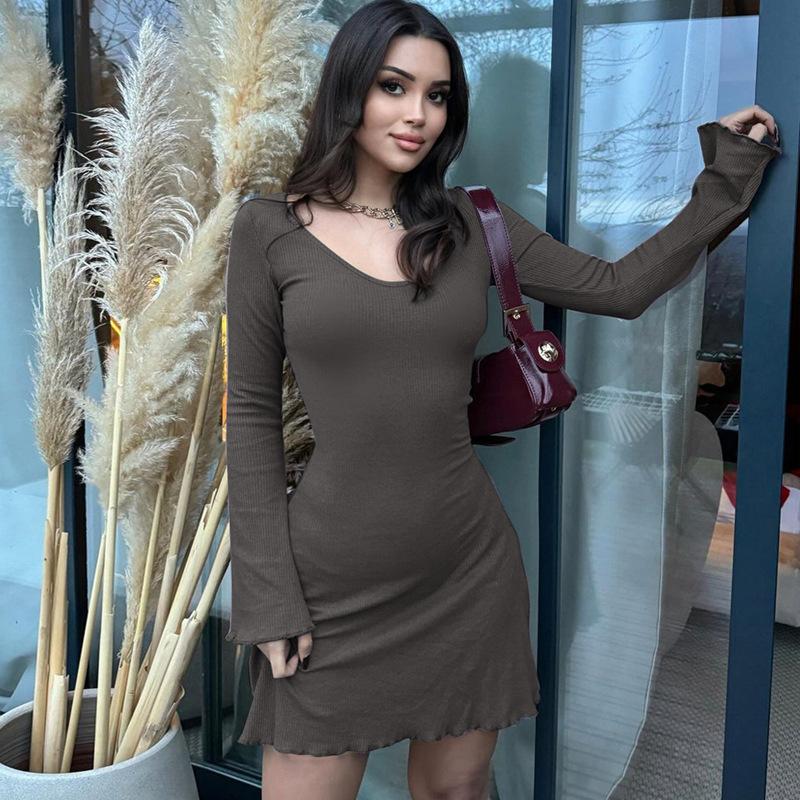 Summer New Solid Color Fashion Long-sleeved Waist Dress