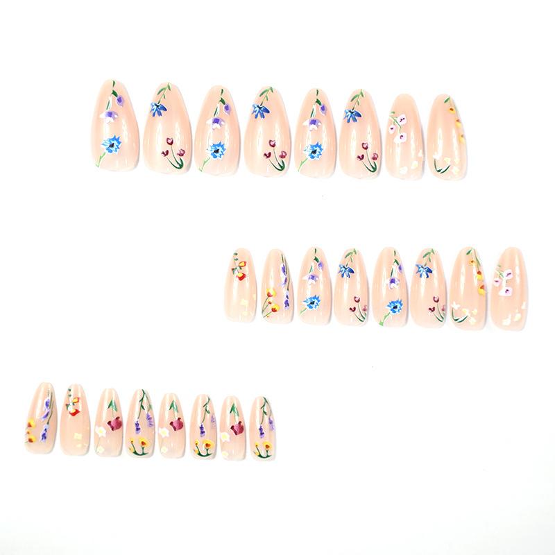 24pcs Almond-Shaped Nail Stickers, With Nude Base And Colorful Floral Pattern Artificial Nails, Nail Supplies, Acrylic Fake Nails Perfect For Ladies
