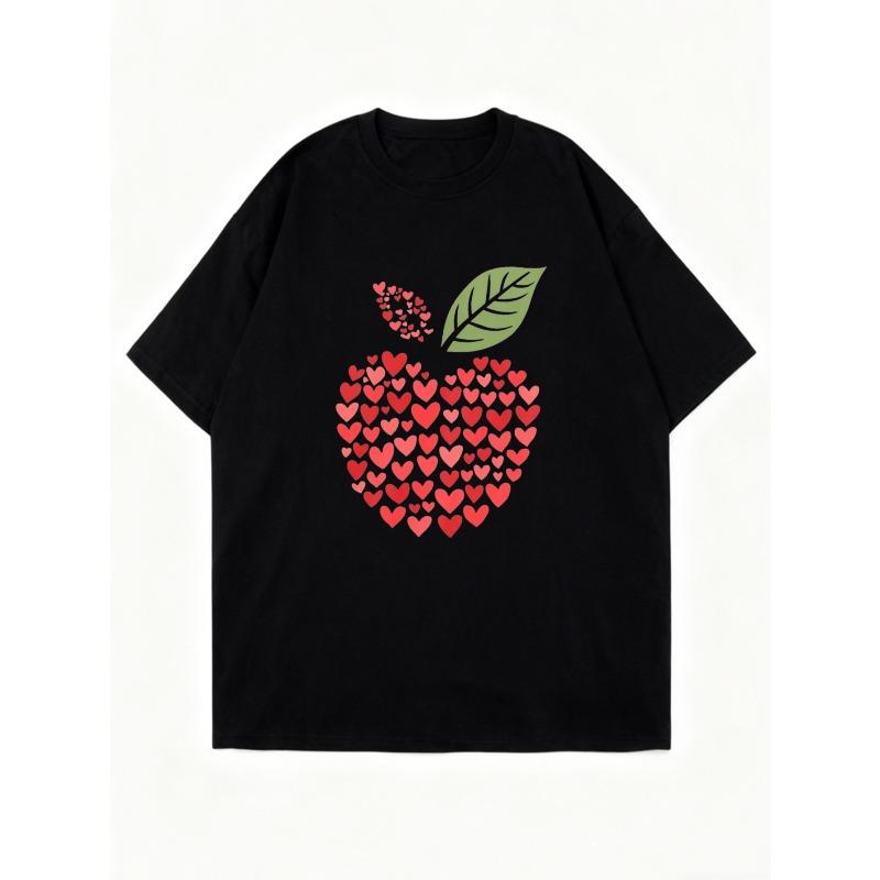 Black Oversized T Shirt With Heart Apple Print For Casual Wear