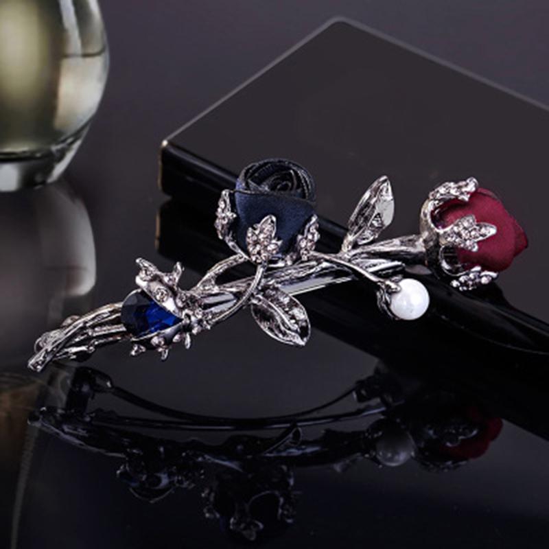 Rhinestone Leaves Barrettes Women Rose Flower Crystal Graceful Ponytail Holder Hair Accessories Hair Clip Female  Jewelry