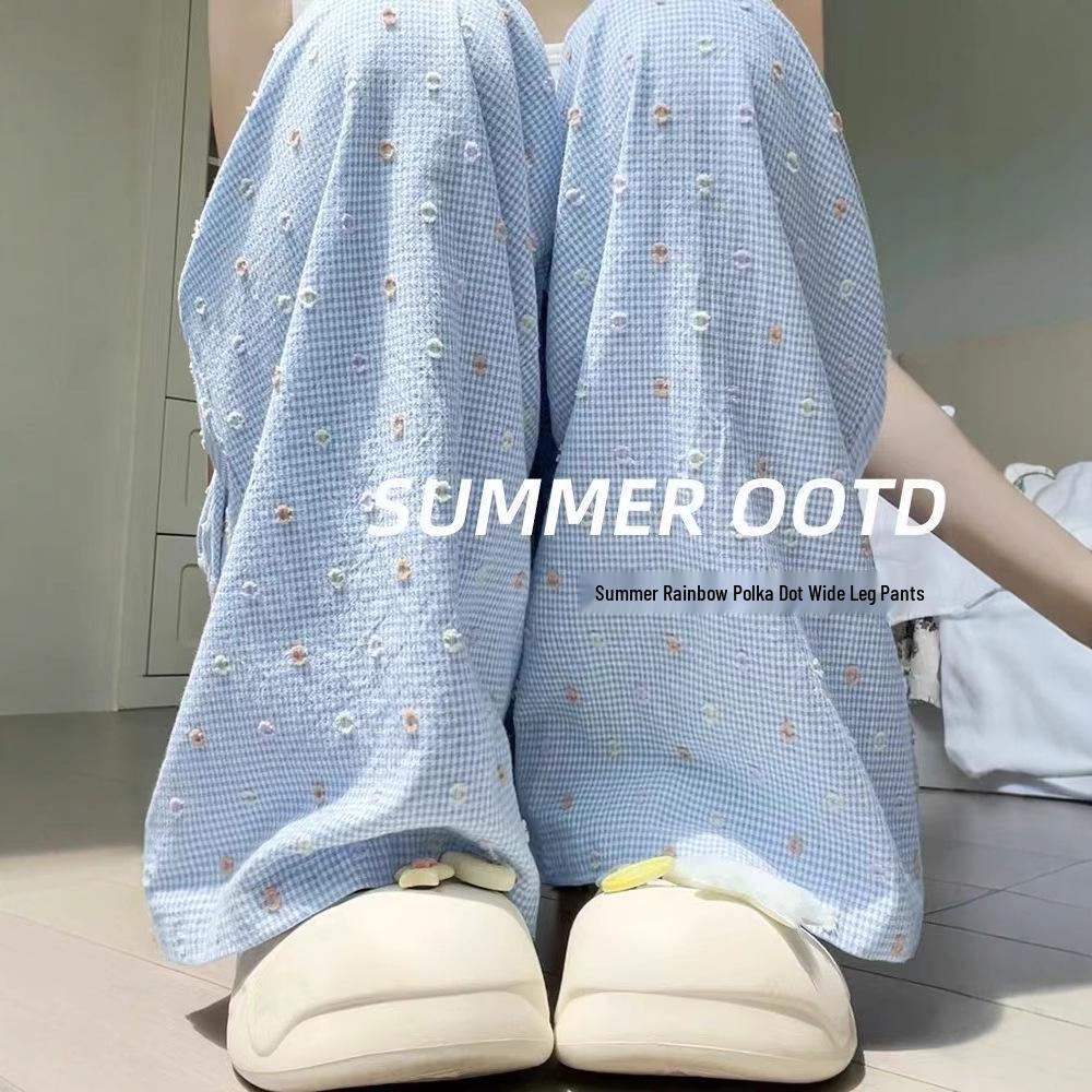 

Dopamine Women s Wide-Leg Polka Dot Pants - Slimming, Loose, Versatile, Casual, Thin, Blue, Floor-Length S синий