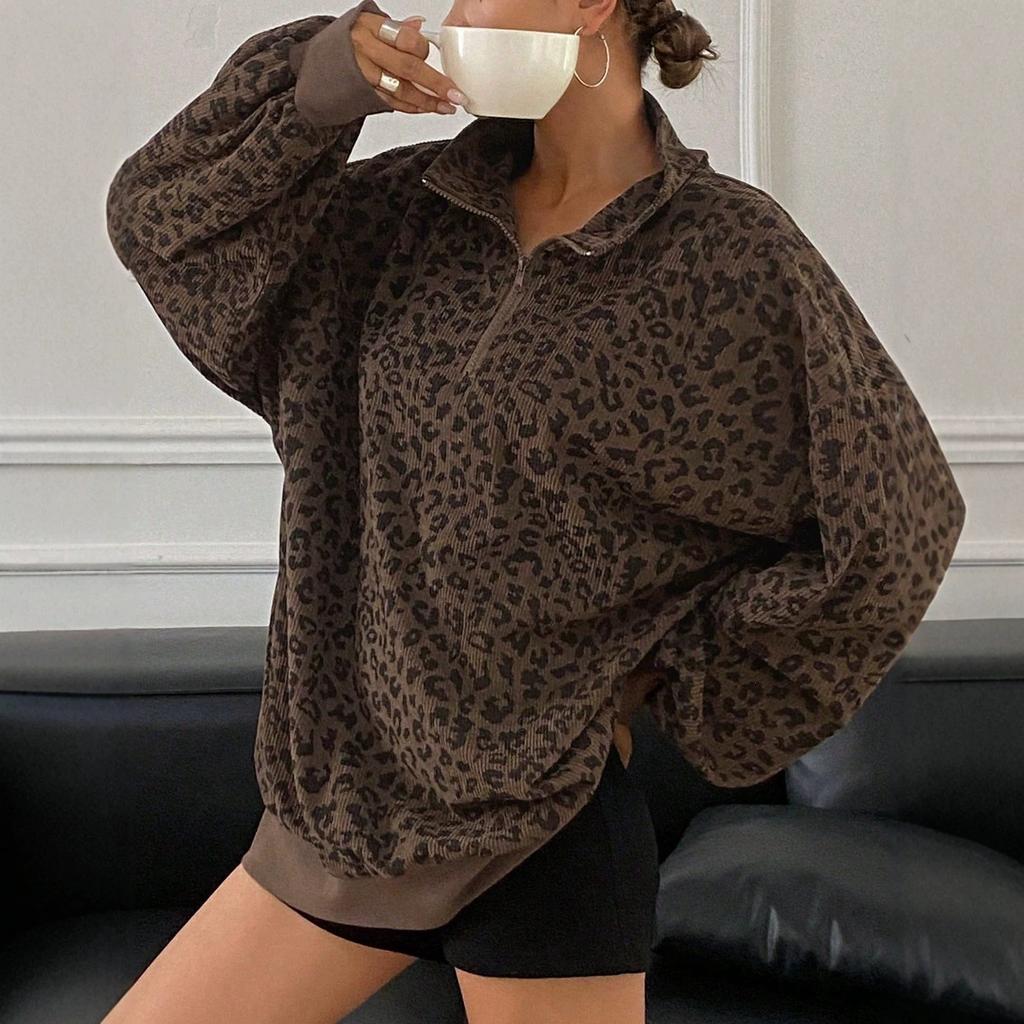 Fall/Winter New Style Women's Leopard Print Loose Fit Sport Shirt with Collar Sweater