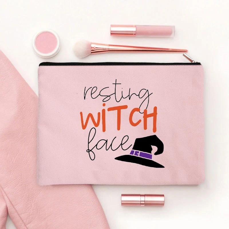 Witch Print Canvas Zipper Makeup Bag Witchcraft Women Travel Lipstick Bag Skincare Storage Organizer Pencil Case Cosmetics Bags