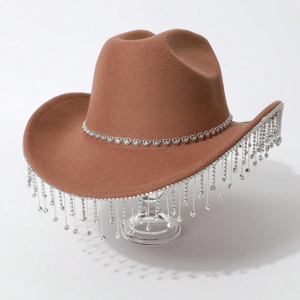 Women's Gender-neutral Western Cowboy Hat, Water Drop Gem Medium Chain with Rhinestone Tassel European and American Hats, Bridal Top Hats
