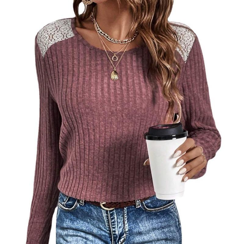 Women Long Sleeve Ribbed Lace Patch Round Neck Casual Top