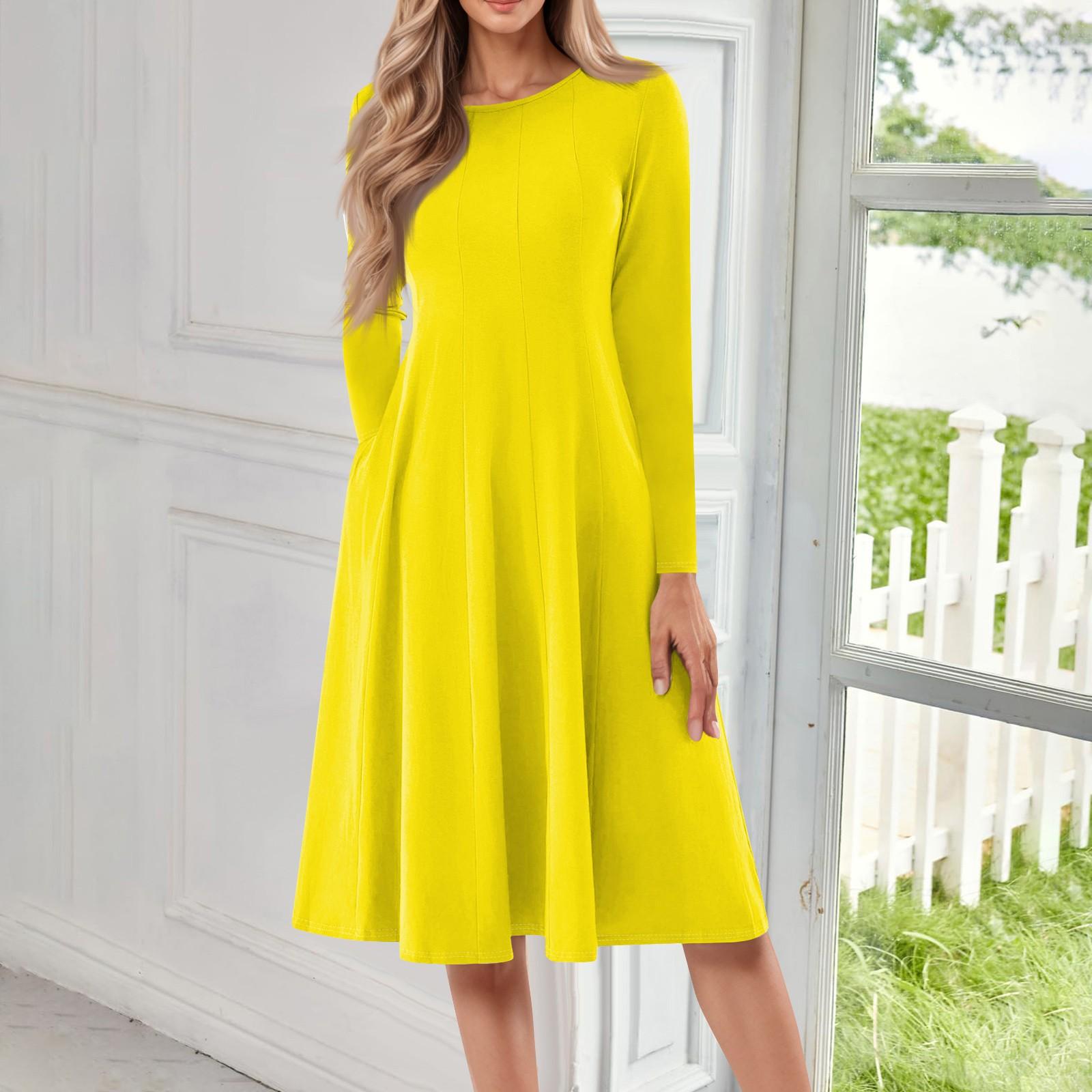 

Женское повседневное модное платье миди с круглым вырезом и длинным рукавом XL жёлтый