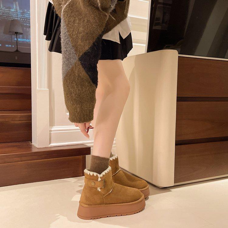 Pelzintegrierte Schneestiefel mit dicker Sohle Damen 2025 neue Winter-Kurzstiefel gefüttert und verdickt warm Nordost Schnee Baumwollschuhe