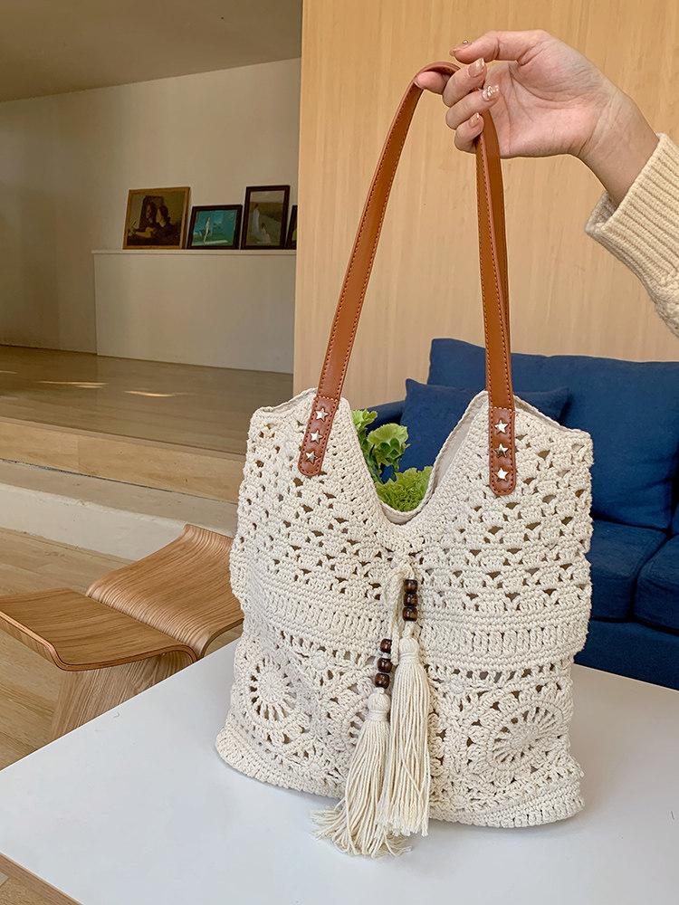 

Large Capacity Cotton Woven Shoulder Bag for Women Hollow Tote Seaside Holiday Beach Bags Star Rivet Female Travel Handbags