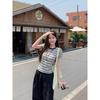 American retro contrasting color crew neck striped front shoulder short-sleeved t-shirt women's summer undershirt slim-fitting top