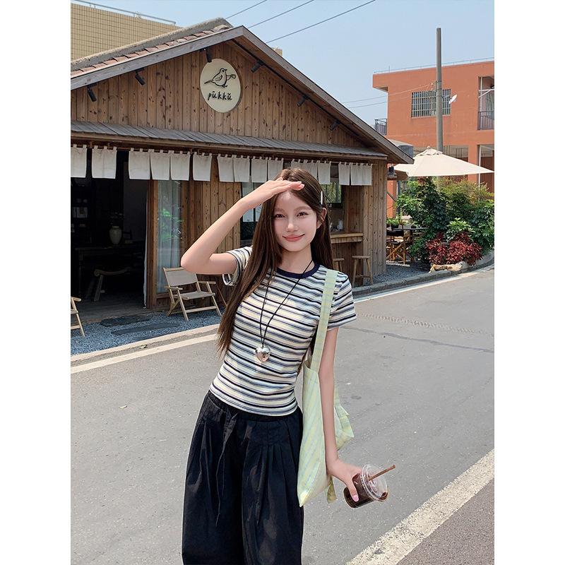 American retro contrasting color crew neck striped front shoulder short-sleeved t-shirt women's summer undershirt slim-fitting top