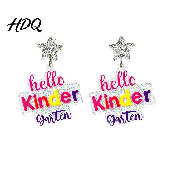 Fashionable Holiday Earrings 1 Pair Colorful Acrylic Letter Drop Dangle for Women Glitter Funny First Retro Style Jewelry Day of School Earring,