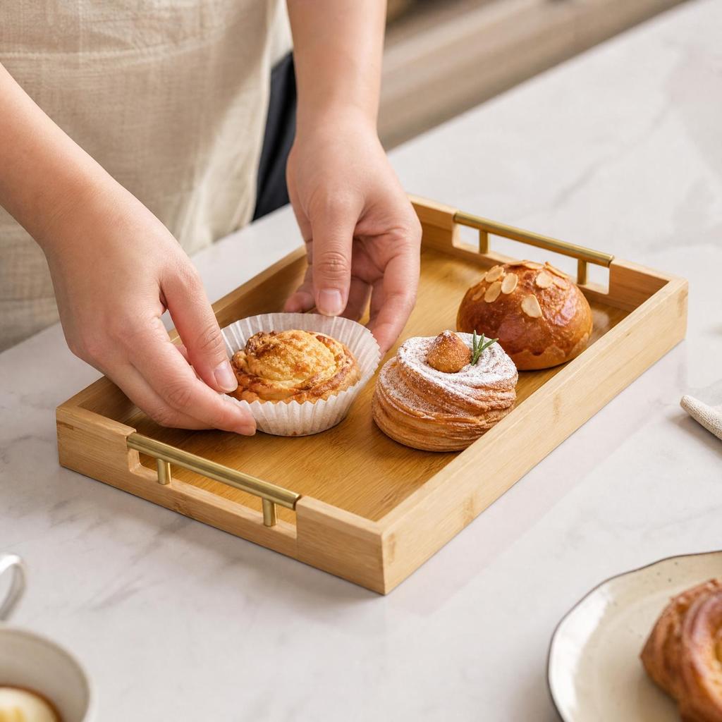 Rectangular Bamboo Serving Tray with Raised Edge Versatile Metal Handles