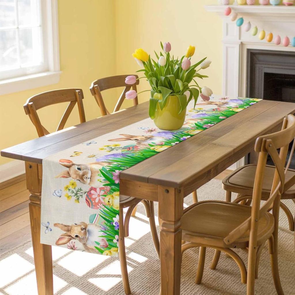 Easter Bunny Eggs Floral Grass Linen Table Runner Party Decor Spring Colorful Flowers Butterfly Table Runners Easter Decorations