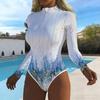 Women Long Sleeve One Piece Swimsuit Zip Front  Tie-dye Print Rash Guard Surfing Bathing Suit