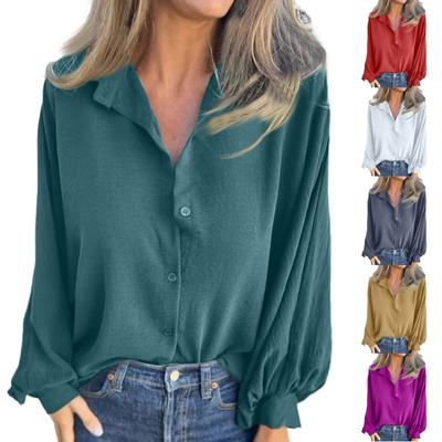 Women's Loose Casual Solid Color Lapel Button Long Sleeved Shirt, Fashionable Long Sleeved Shirt