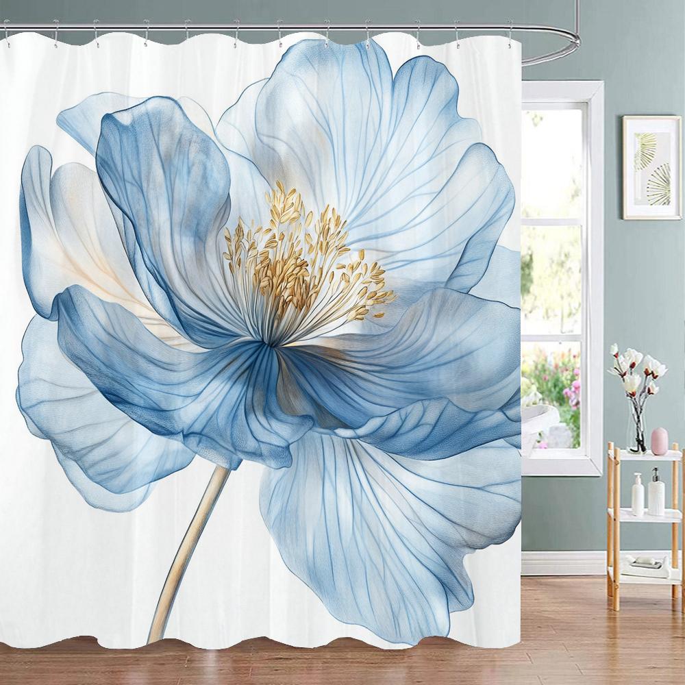 Beautiful Blue Flowers Shower Curtain, Floral Art Bathroom Decorative Shower Curtain, Print Polyester Fabric Curtain with Hooks