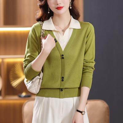 Spring New Commuter Lapel Fake Two-piece Color Matching Diagonal Buckle Design Comfortable Light Mother Sweater Women