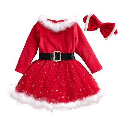 Kids Girls Mesh Velvet Patchwork Christmas Dress Santa Claus Costume Baby Dress Up Party Dress Outfits