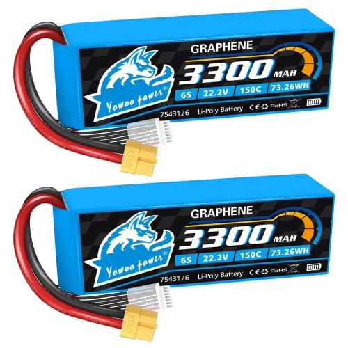 

Yowoo 2-Pack 6S Lipo Battery, 22.2V 150C 3300mAh Graphene Lithium Battery with XT60/Deans T Plug Connector for Aircraft, Helicopter, RC Model Vehicles