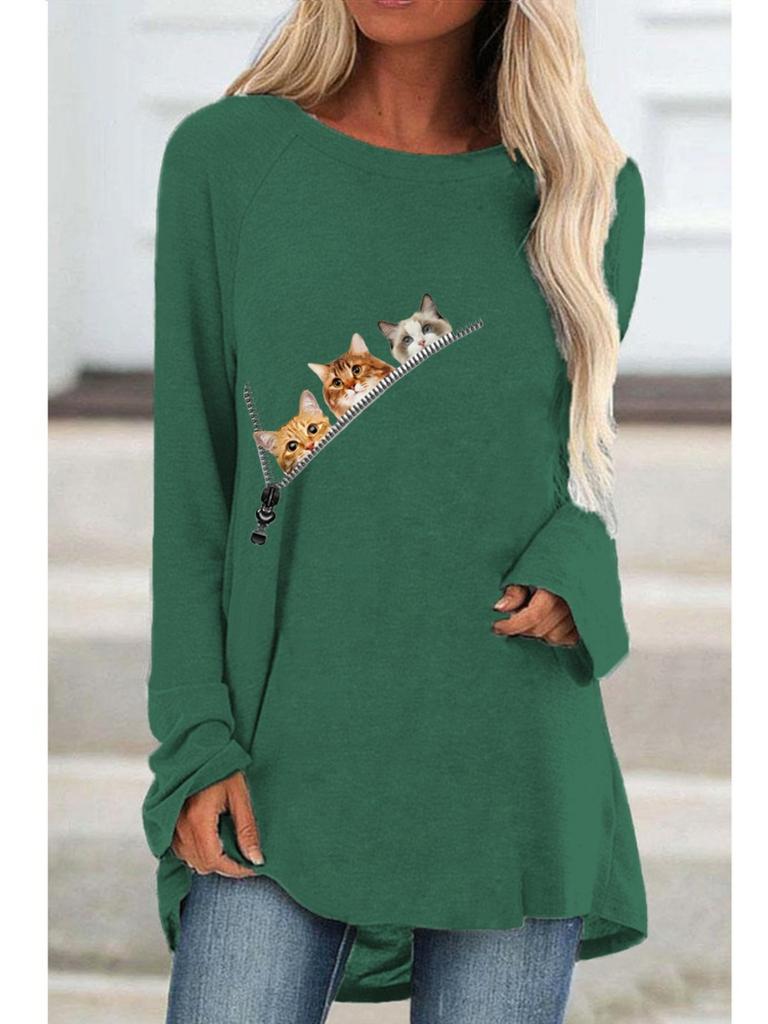 Übergröße Damen Frühling Katze Bedruckt Bequem Langarm Rundhals T-Shirt Lässig Weit Mittelang T-Shirt Tops