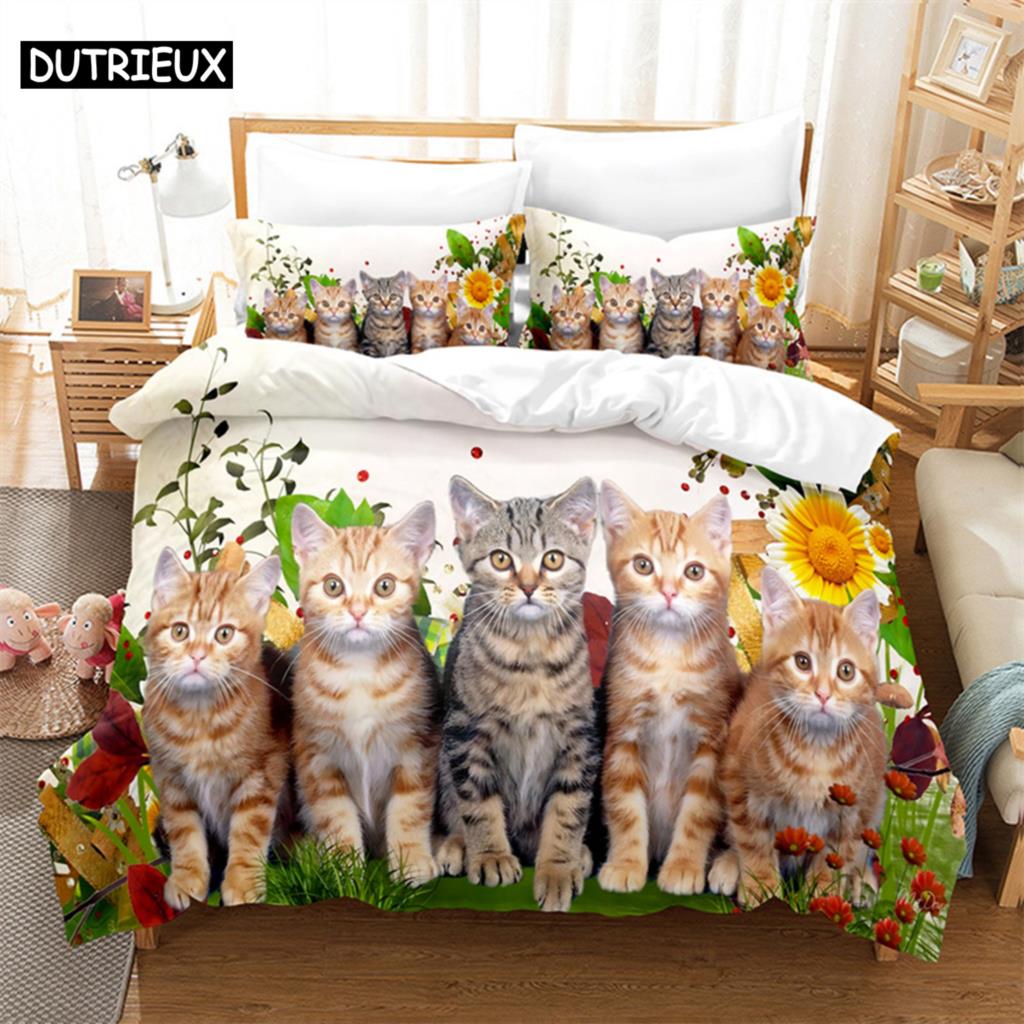 Comforter Cat Flowers Queen Bedding Set Pink Bedding Digital Printing King Size Bedding Sets