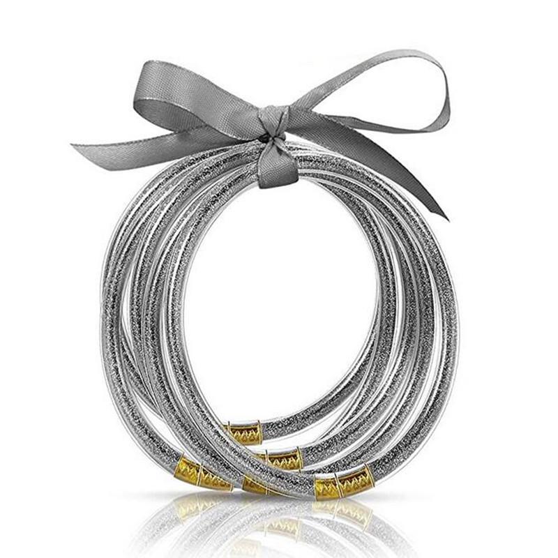 Women's Multi-Layer Silicone Rainbow Glitter Bracelet Set with Bow