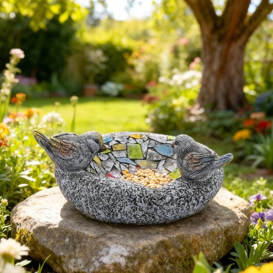 Bird Feeder Resin Garden Birdbath Bowl with Waterproof Design Hand-Painted Stone Texture Decorative for Outside Yard Table Decor