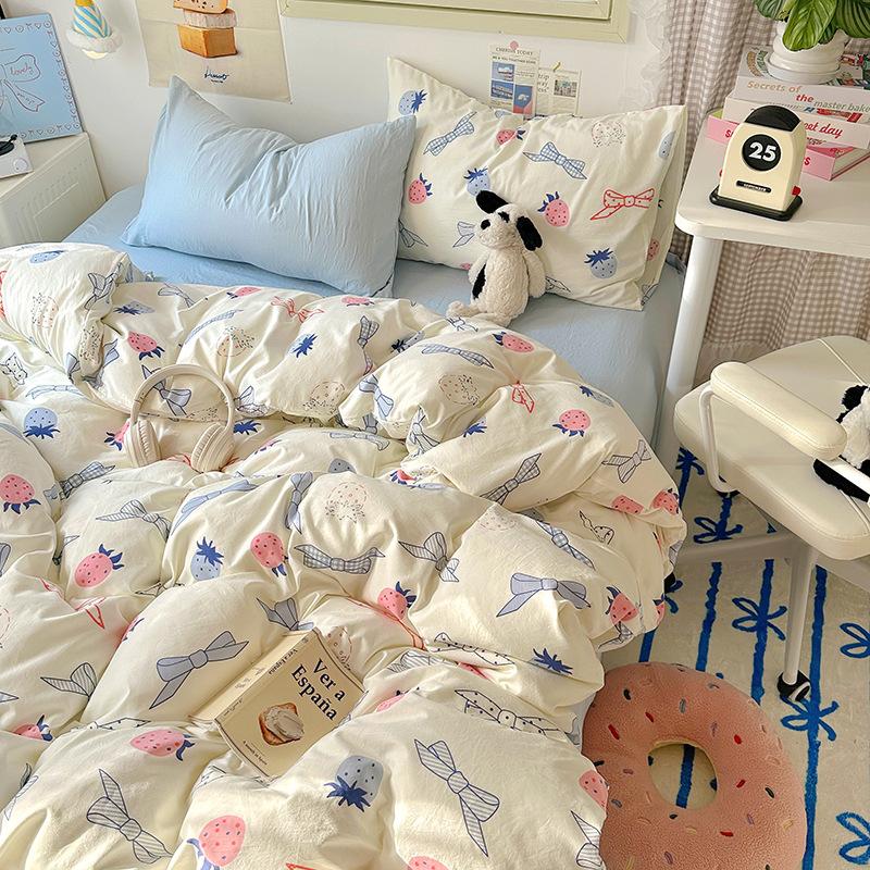 Cream Pure Cotton 4 Piece Bed Sheet Set Washable All Cotton Duvet Cover Pillowcase Class A 3 Piece Set Soft Comfortable Bedding