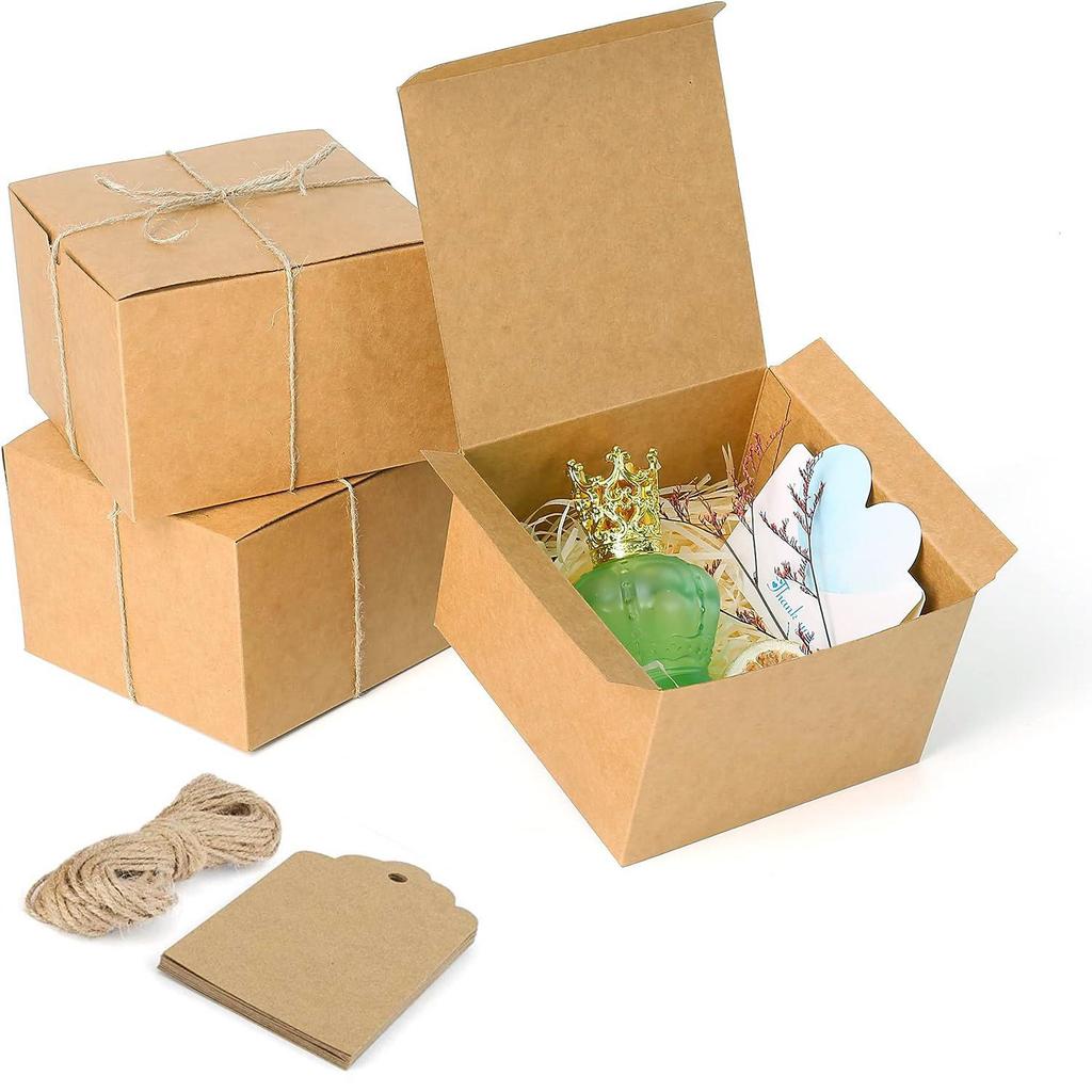 Gift Box Party Kraft Paper Packaging with Hemp Rope Tag and White Card - Square Design