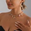 Vintage Round Button Women's Earrings Pink Heart-shaped Pendant Hollowed Out Flower Crystal Bead Gold Necklace Accessory