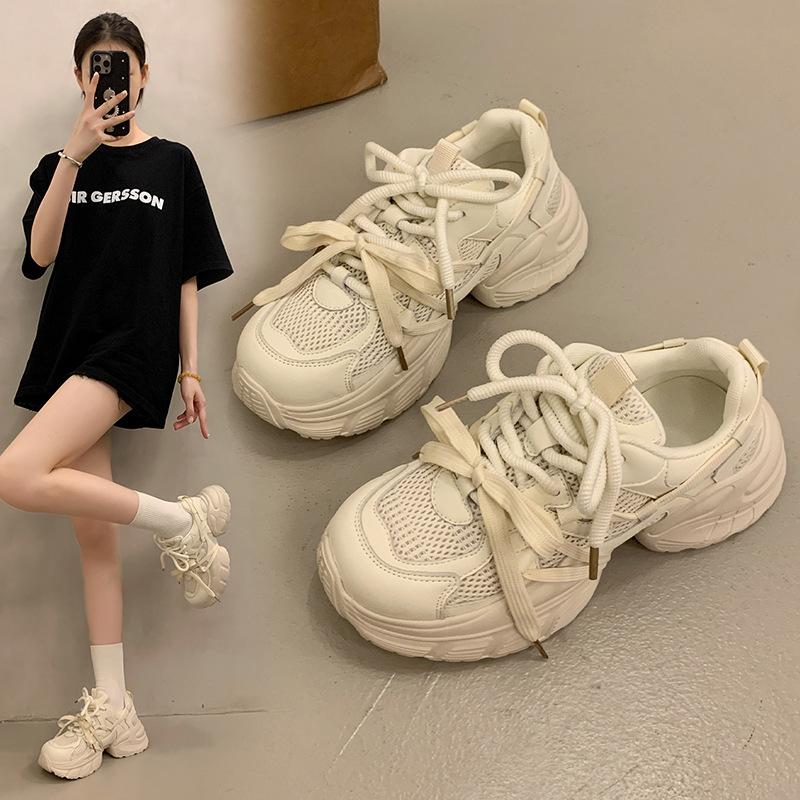 Popular versatile thick-soled dad shoes for women and small people increase in height 2025 new summer breathable mesh casual sports shoes