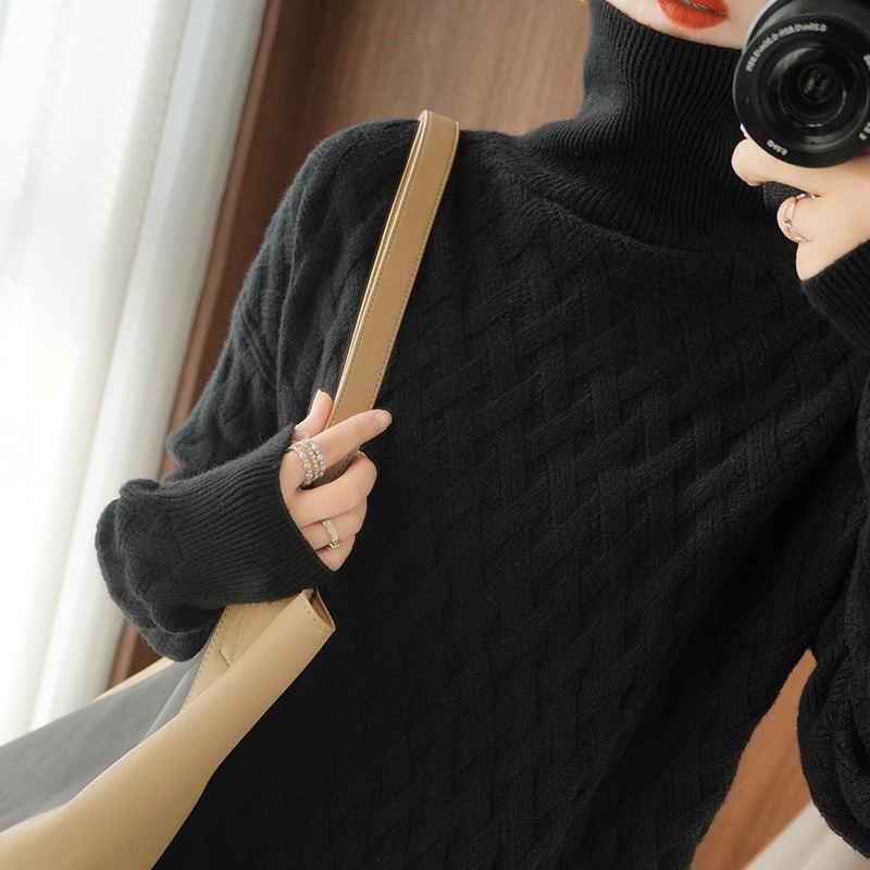 Women's High-Neck Ribbed Knit Sweater - Warm, Thick, Loose Fit for Autumn/Winter 2024, Korean Style