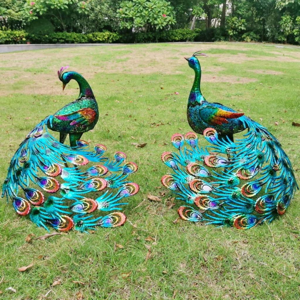 Metal Peacock Figurine Large Tail Colorful Ornament for Studio,