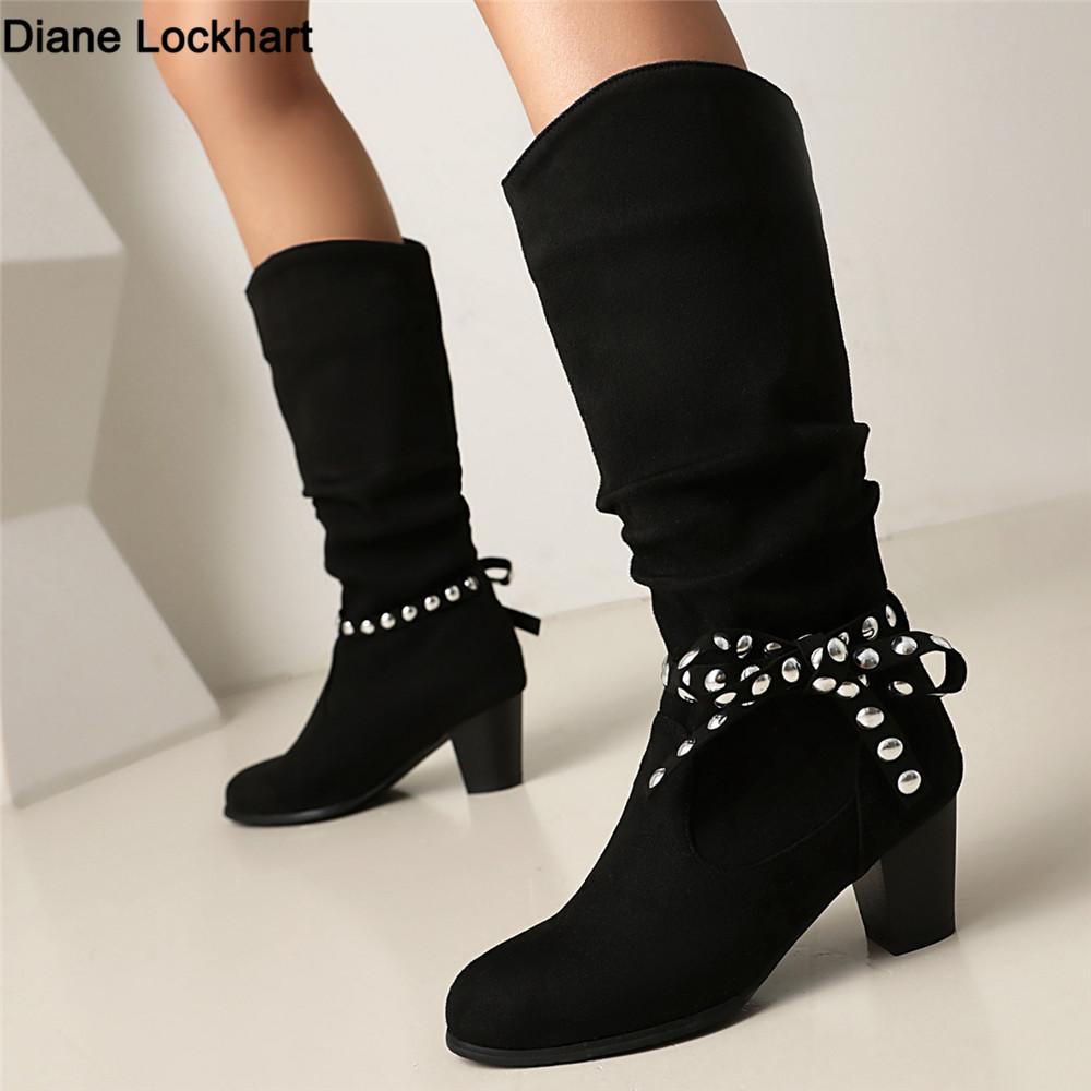 Fashion Large Size 35-43 Women Knee High Boots Ankle Strap Rivet With Retro Women's Motorcycle Boots Thick fur Warm Winter Botas Mujer