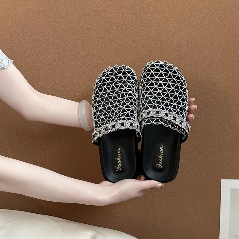

Hollow rhinestone baotou fishing net sandals heavy industry baotou slippers women s 2025 summer new fashion cool slippers 40 серебряный